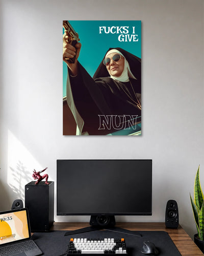 Nun Fucks I Give Funny Pop Culture Poster poster design: A bold, humorous design featuring a sunglasses-wearing nun holding a gun against a vivid turquoise background. The statement “Fucks I Give” adds an irreverent twist to this pop culture poster.