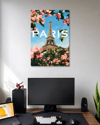 Paris Eiffel Tower Blossom Poster poster design: Celebrate the romance of Paris with this colourful travel poster featuring the Eiffel Tower framed by pink blossoms and leafy branches. The bright blue sky and painterly style create a fresh, cheerful look for travel lovers and modern interiors.