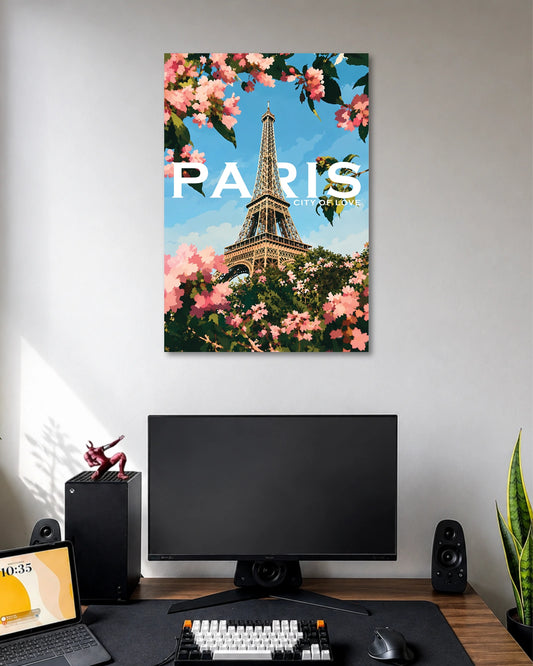 Paris Eiffel Tower Blossom Poster poster design: Celebrate the romance of Paris with this colourful travel poster featuring the Eiffel Tower framed by pink blossoms and leafy branches. The bright blue sky and painterly style create a fresh, cheerful look for travel lovers and modern interiors.