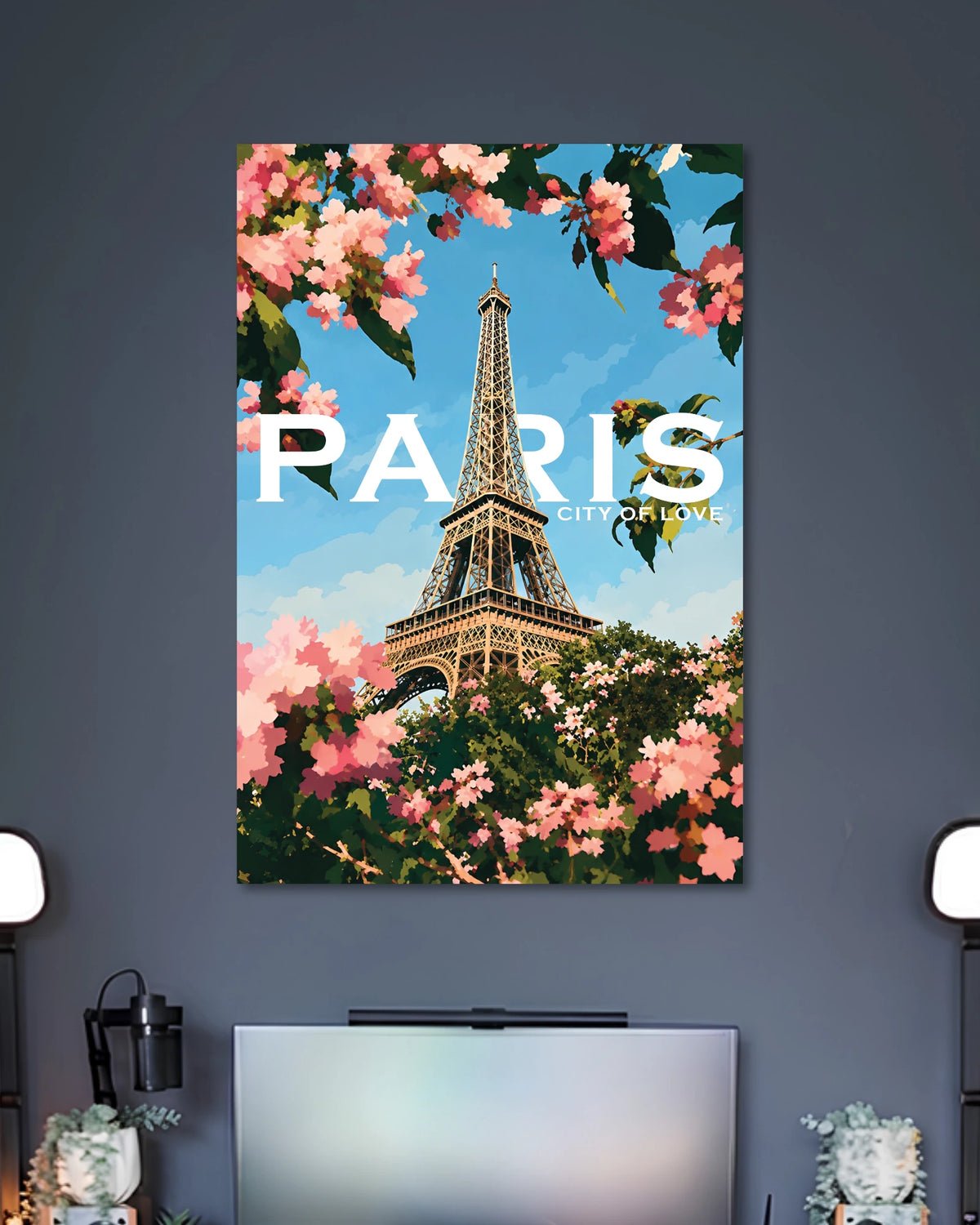 Paris Eiffel Tower Blossom Poster poster design: Celebrate the romance of Paris with this colourful travel poster featuring the Eiffel Tower framed by pink blossoms and leafy branches. The bright blue sky and painterly style create a fresh, cheerful look for travel lovers and modern interiors.