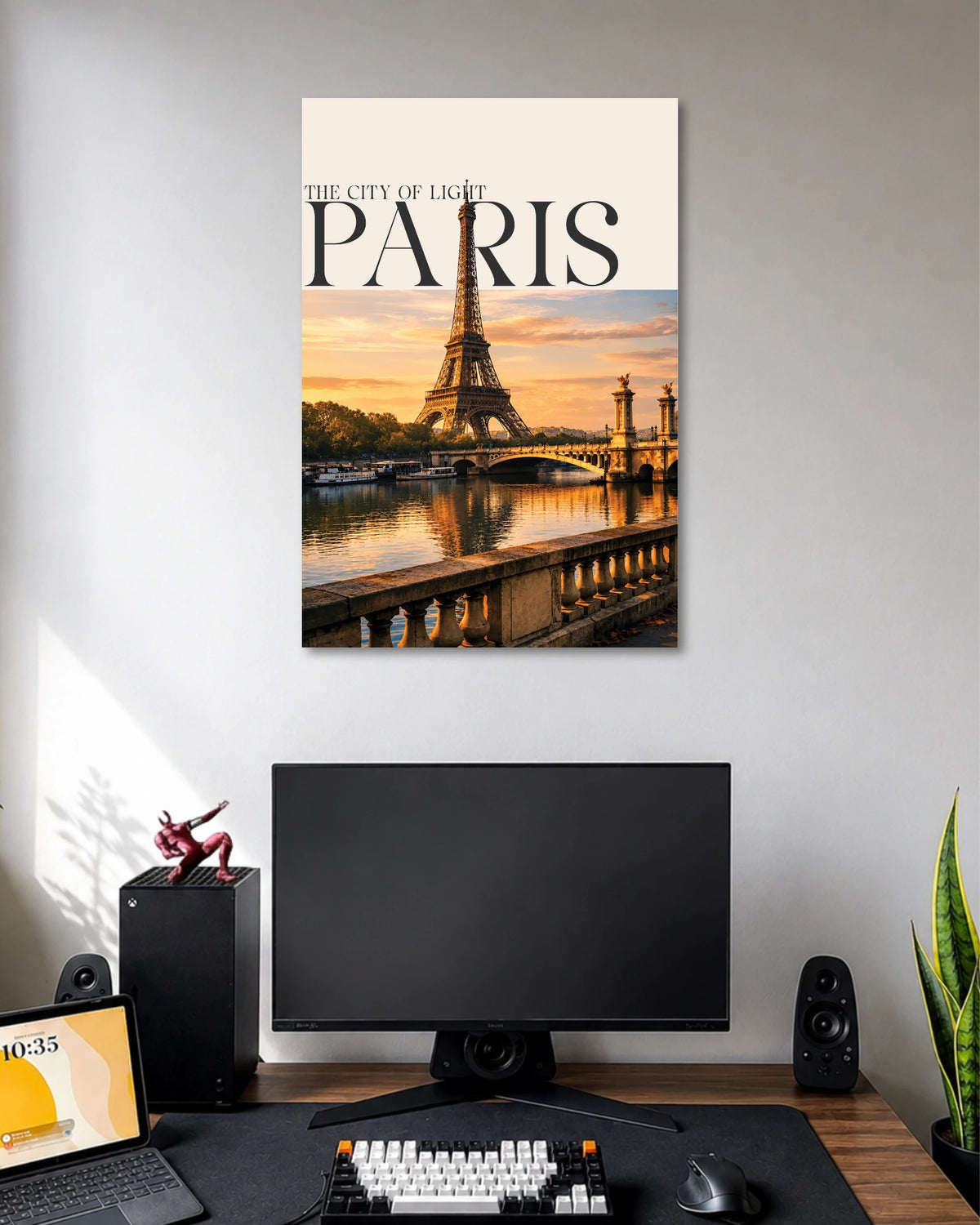 Paris Eiffel Tower Sunset Poster poster design: This Paris poster pairs a scenic Eiffel Tower view with the warm glow of a sunset reflected on the Seine. Elegant serif lettering and a soft cream header give the design a refined travel print aesthetic. Ideal for travel lovers and minimalist interiors.