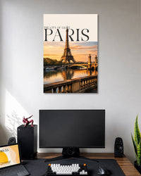 Paris Eiffel Tower Sunset Poster poster design: This Paris poster pairs a scenic Eiffel Tower view with the warm glow of a sunset reflected on the Seine. Elegant serif lettering and a soft cream header give the design a refined travel print aesthetic. Ideal for travel lovers and minimalist interiors.
