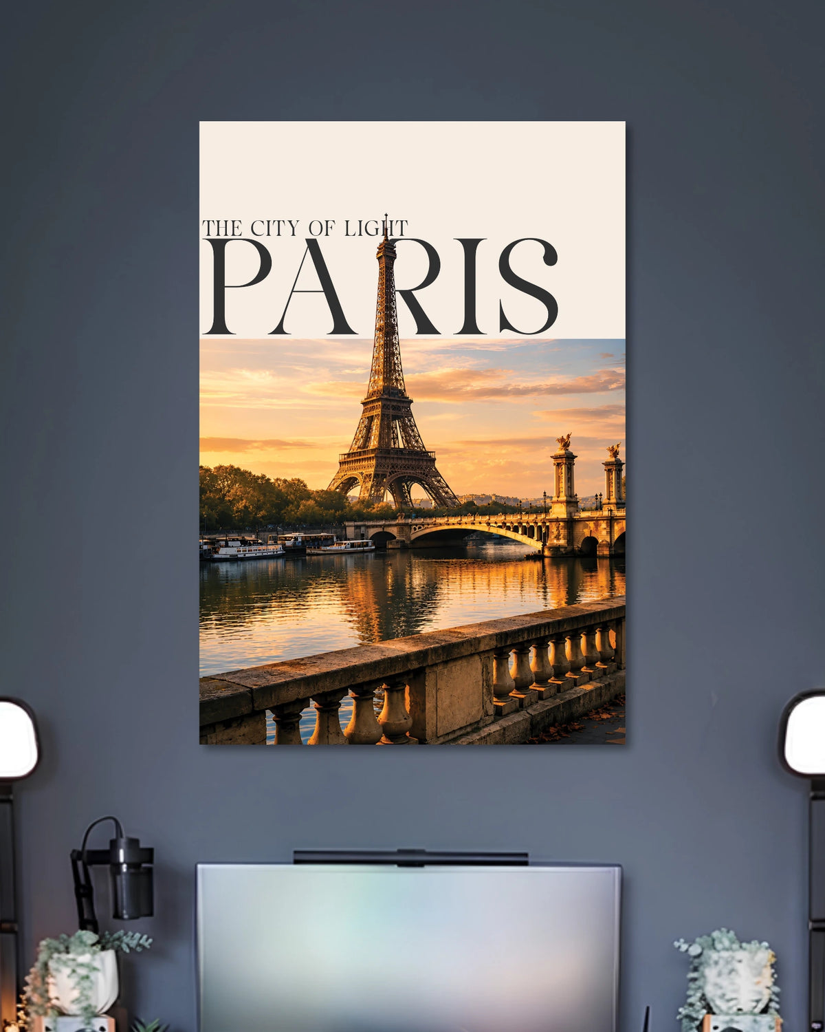 Paris Eiffel Tower Sunset Poster poster design: This Paris poster pairs a scenic Eiffel Tower view with the warm glow of a sunset reflected on the Seine. Elegant serif lettering and a soft cream header give the design a refined travel print aesthetic. Ideal for travel lovers and minimalist interiors.