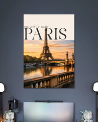 Paris Eiffel Tower Sunset Poster poster design: This Paris poster pairs a scenic Eiffel Tower view with the warm glow of a sunset reflected on the Seine. Elegant serif lettering and a soft cream header give the design a refined travel print aesthetic. Ideal for travel lovers and minimalist interiors.