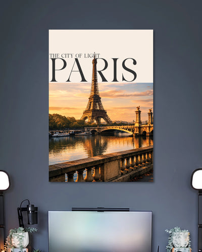 Paris Eiffel Tower Sunset Poster poster design: This Paris poster pairs a scenic Eiffel Tower view with the warm glow of a sunset reflected on the Seine. Elegant serif lettering and a soft cream header give the design a refined travel print aesthetic. Ideal for travel lovers and minimalist interiors.