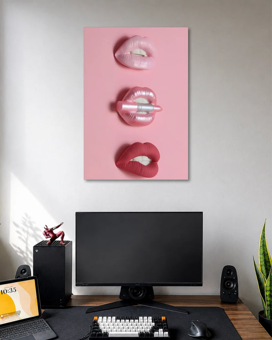Pink poster with three stacked close-ups of glossy lips, including a silver lip piercing and a metallic object held between lips.