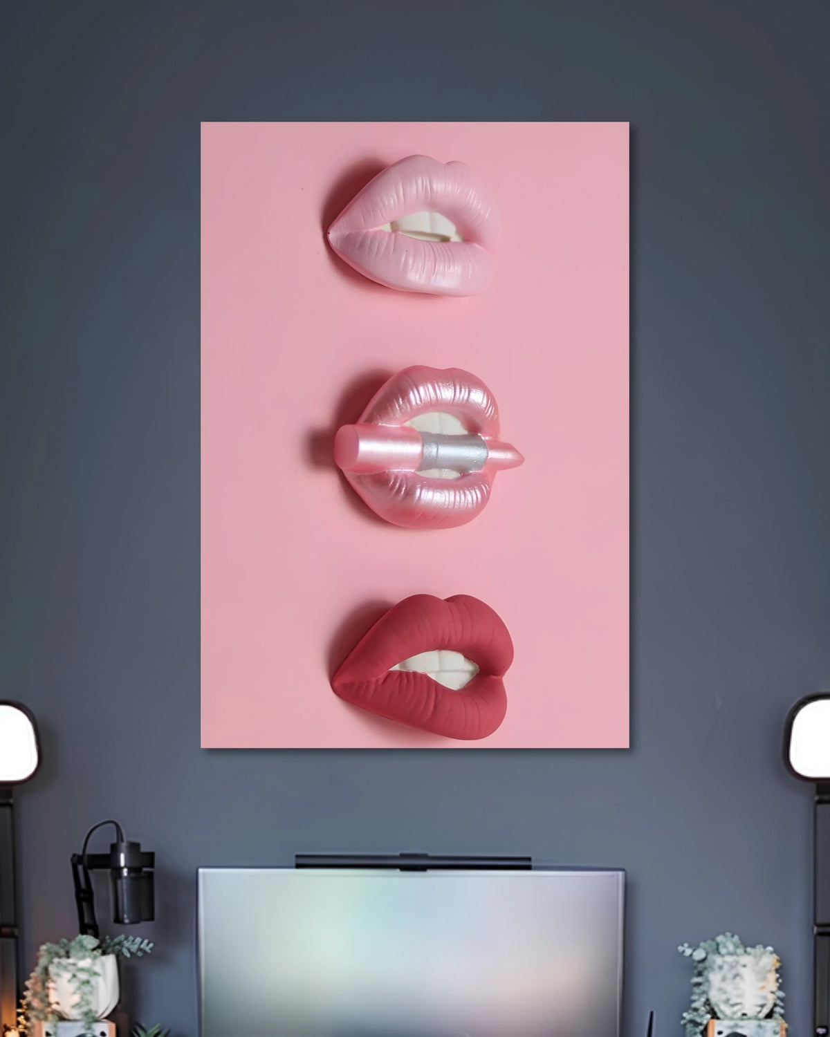 Pink poster with three stacked close-ups of glossy lips, including a silver lip piercing and a metallic object held between lips.