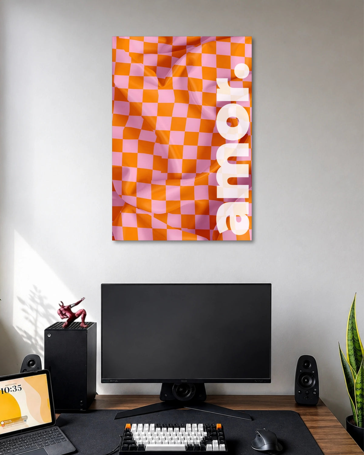 Pink and Orange Checkerboard Aesthetic Poster poster design: A bold abstract poster combining a pink and orange checkerboard pattern with a wavy, fabric-like texture and oversized white typography. Its vibrant colours create a playful retro look for bedrooms, studios and creative spaces.