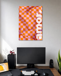 Pink and Orange Checkerboard Aesthetic Poster poster design: A bold abstract poster combining a pink and orange checkerboard pattern with a wavy, fabric-like texture and oversized white typography. Its vibrant colours create a playful retro look for bedrooms, studios and creative spaces.