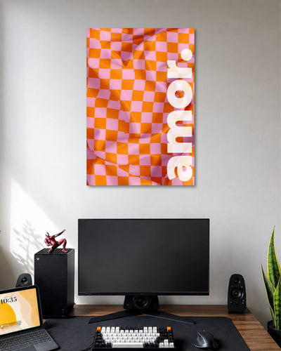 Pink and Orange Checkerboard Aesthetic Poster poster design: A bold abstract poster combining a pink and orange checkerboard pattern with a wavy, fabric-like texture and oversized white typography. Its vibrant colours create a playful retro look for bedrooms, studios and creative spaces.