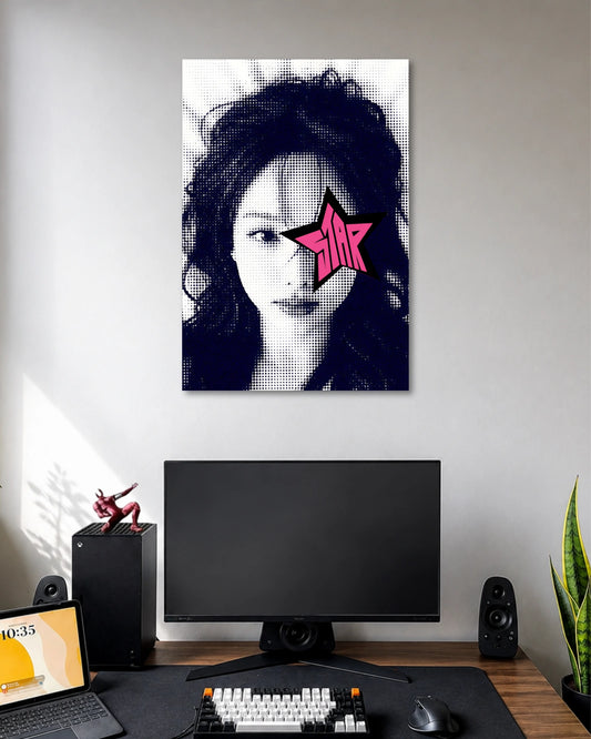 Black-and-white halftone portrait of a dark-haired woman with a bright pink outlined star covering one eye.