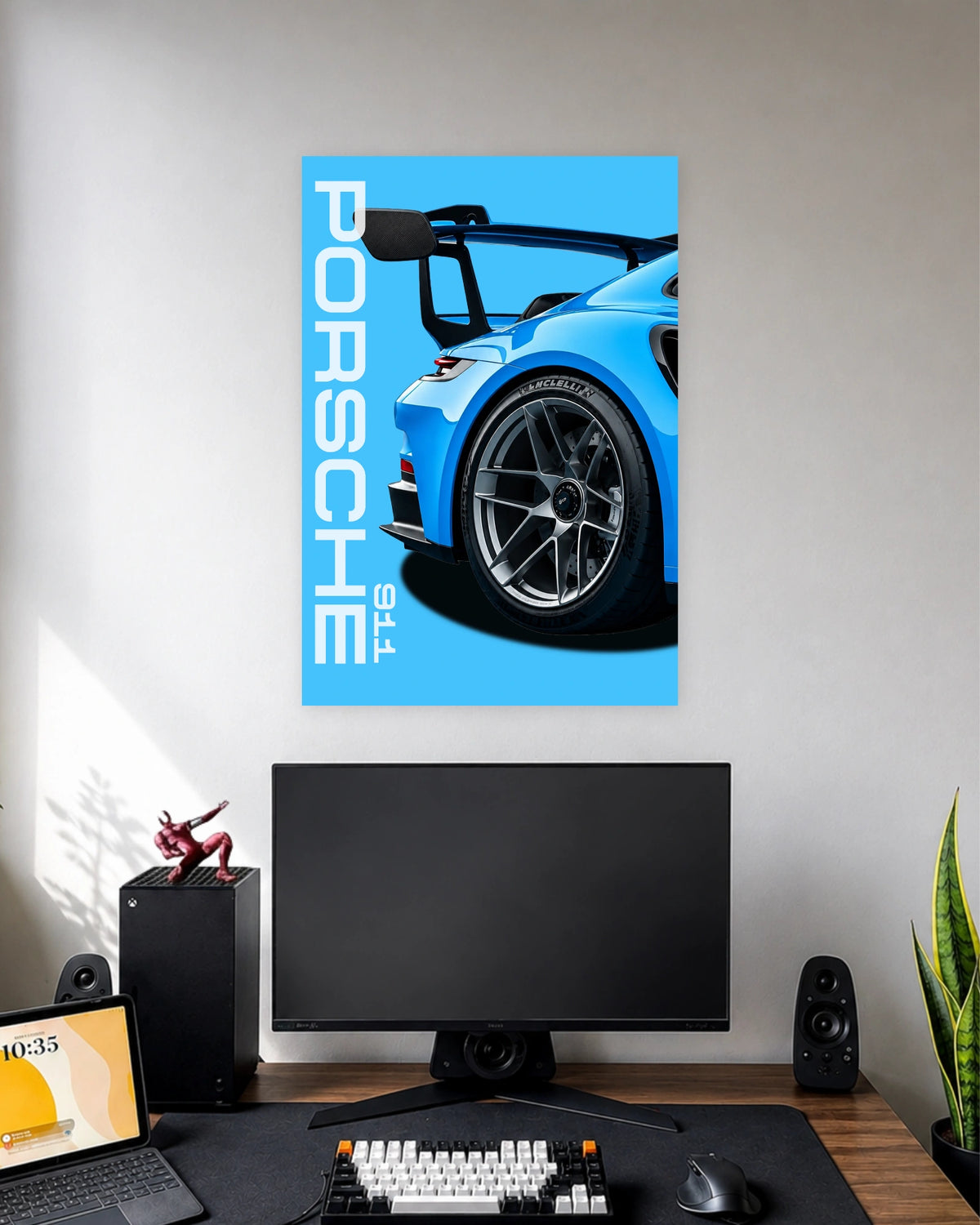 Porsche 911 GT3 RS Sports Car Poster wall poster displayed in a modern minimalist workspace setup 1