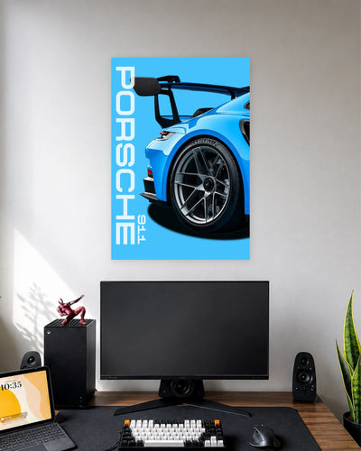 Porsche 911 GT3 RS Sports Car Poster wall poster displayed in a modern minimalist workspace setup 1