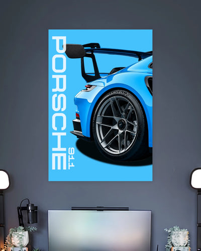 Porsche 911 GT3 RS Sports Car Poster wall poster displayed in a contemporary interior setting 2
