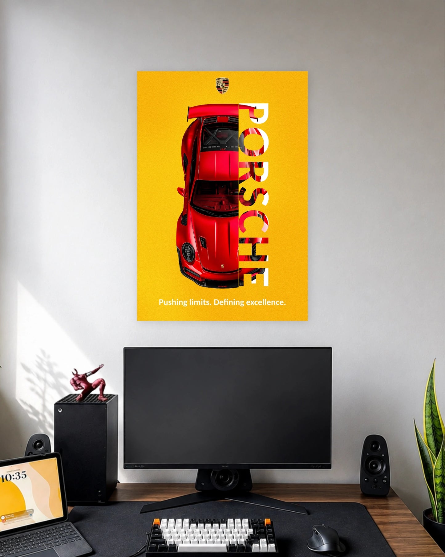Porsche 911 Red Sports Car Poster wall poster displayed in a modern minimalist workspace setup 1