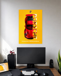 Porsche 911 Red Sports Car Poster wall poster displayed in a modern minimalist workspace setup 1