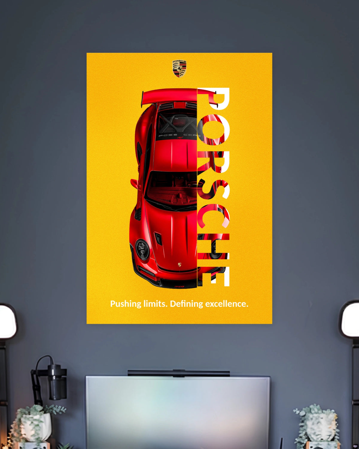 Porsche 911 Red Sports Car Poster wall poster displayed in a contemporary interior setting 2
