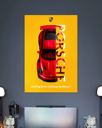 Porsche 911 Red Sports Car Poster wall poster displayed in a contemporary interior setting 2