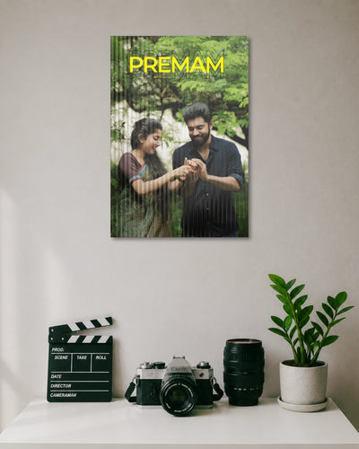 Premam Nivin Pauly Romantic Movie Poster poster design: Nivin Pauly and his co-star share a tender moment beneath a canopy of green trees in this Premam inspired poster. The natural setting and warm composition capture the film's romantic mood.