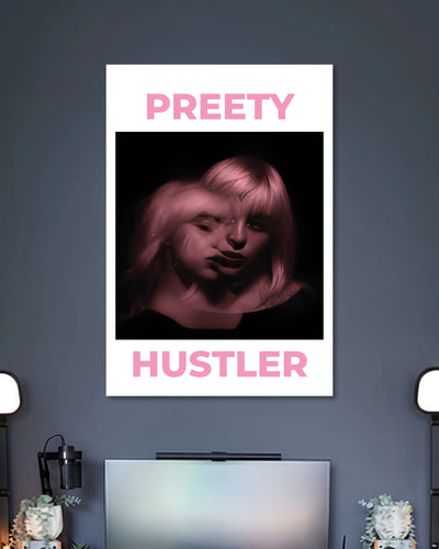 White poster with a dark close-up portrait of a woman tinted pink between PRETTY and HUSTLER lettering.
