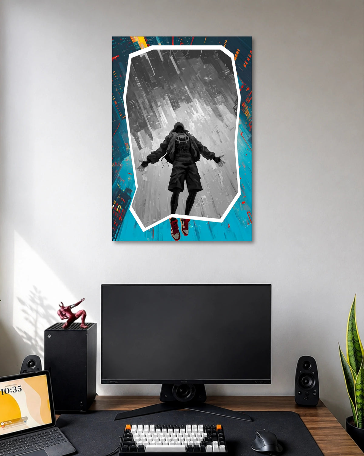 Spider-Man with arms outstretched against a rainy teal-and-orange cityscape, framed by a tilted white border.