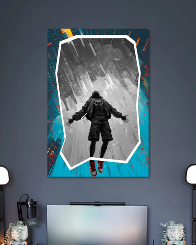 Spider-Man with arms outstretched against a rainy teal-and-orange cityscape, framed by a tilted white border.