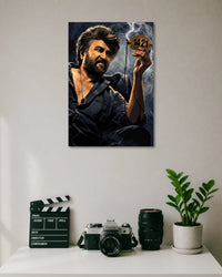 Rajinikanth 1421 Coolie Movie Art Poster poster design: This cinematic illustration features Rajinikanth holding a worker batch with number“1421” from the movie coolie surrounded by smoky textures and dramatic shadows. The dark colour palette and detailed design create a powerful visual statement, making it a standout addition to a movie fan's collection.