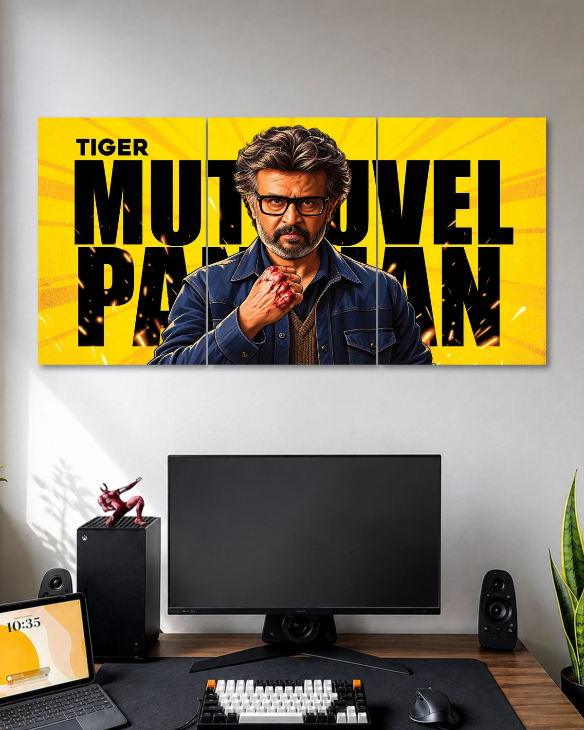 Three-panel Jailer movie poster featuring Rajinikanth as Tiger Muthuvel Pandian, wearing glasses and a dark jacket with a bloodied fist, against a bright yellow background.