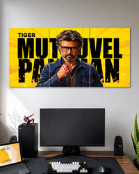 Three-panel Jailer movie poster featuring Rajinikanth as Tiger Muthuvel Pandian, wearing glasses and a dark jacket with a bloodied fist, against a bright yellow background.