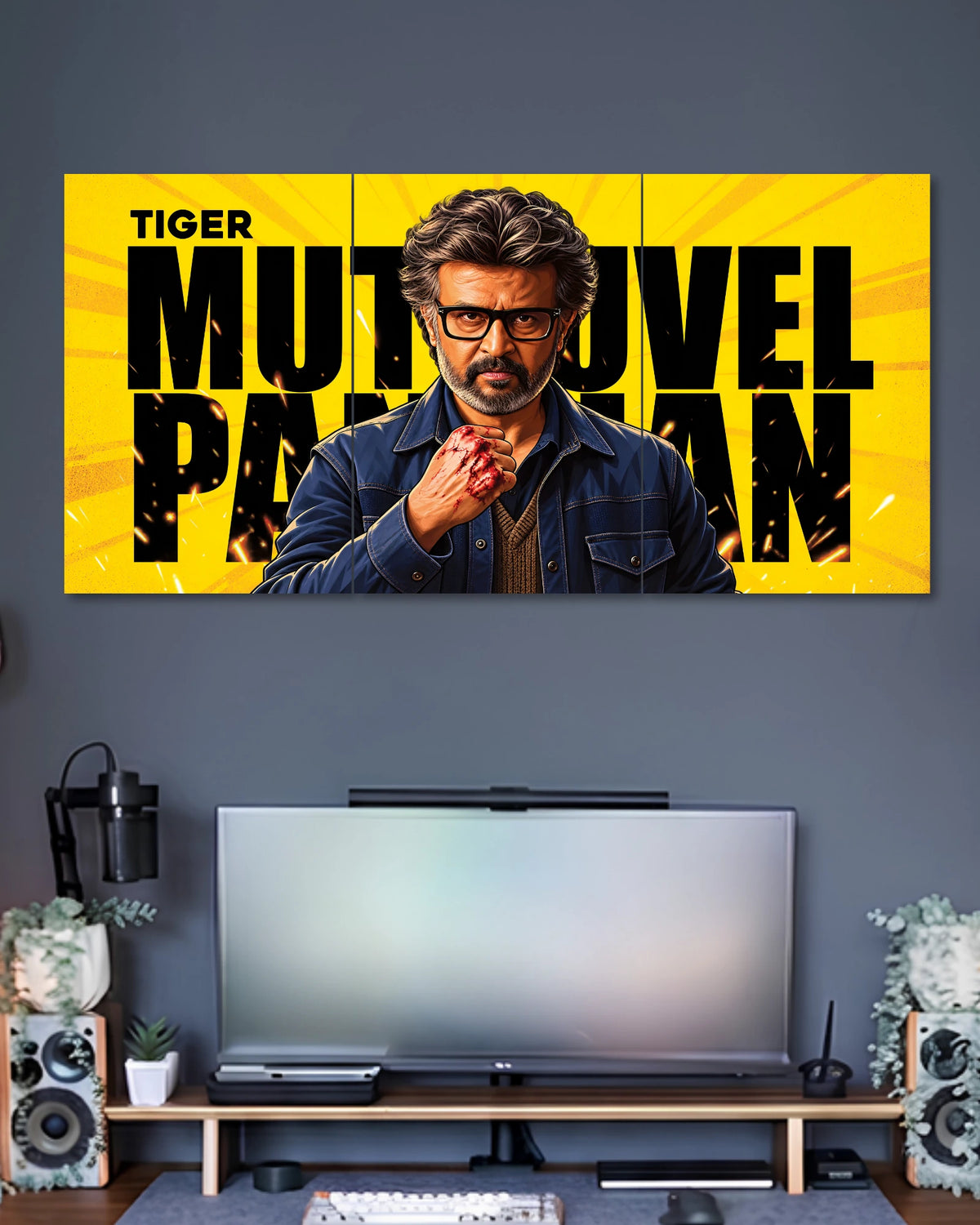 Three-panel Jailer movie poster featuring Rajinikanth as Tiger Muthuvel Pandian, wearing glasses and a dark jacket with a bloodied fist, against a bright yellow background.