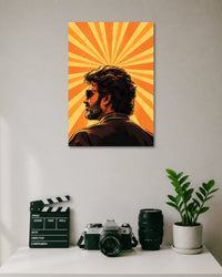 Rajinikanth Orange Sunburst Poster poster design: Rajinikanth appears in side profile wearing sunglasses, a dark jacket and an earring. Radiating orange and yellow sunbeams fill the background, creating a retro inspired composition centred on the iconic Superstar's distinctive look.