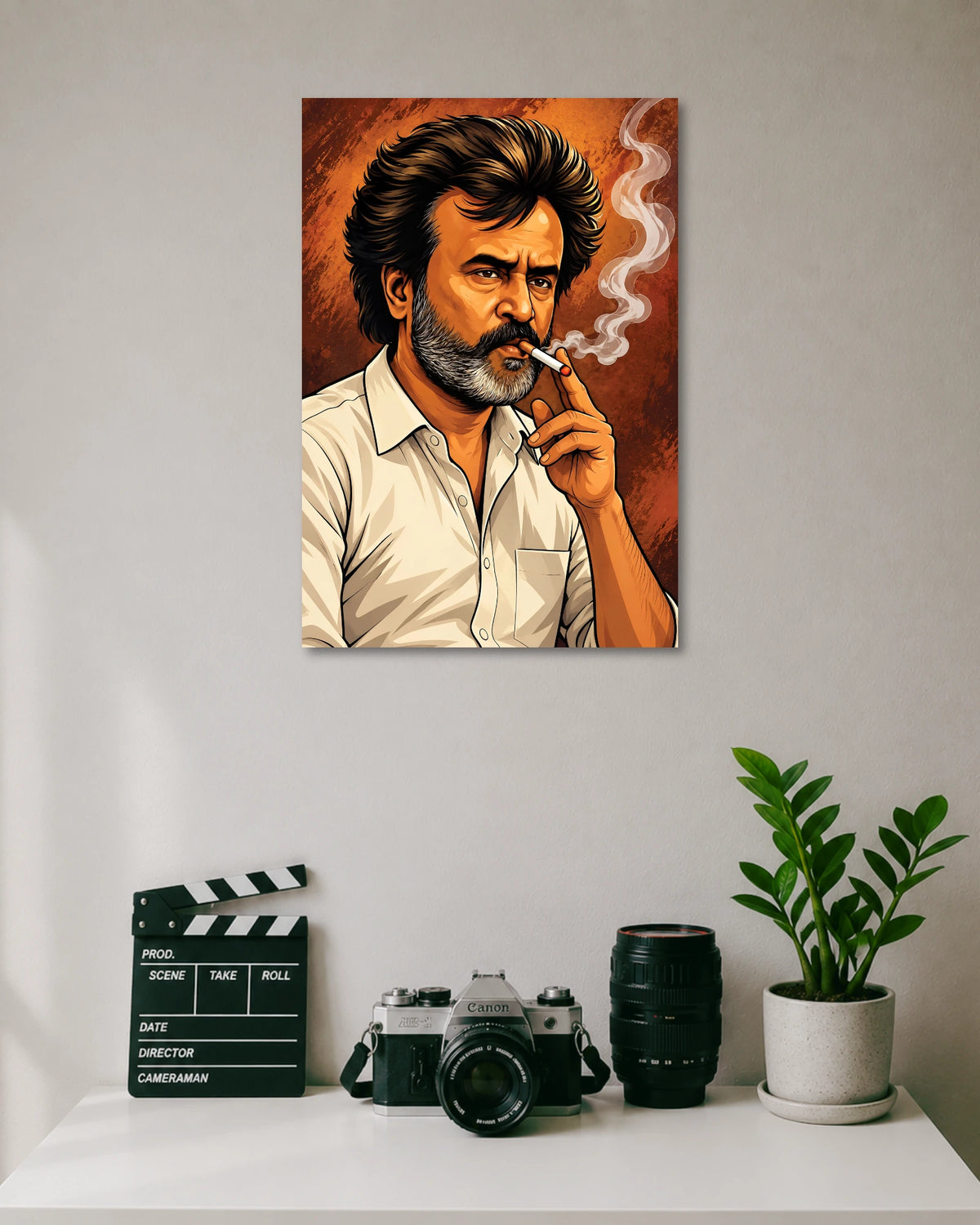 Rajinikanth Smoking Illustration Poster poster design: This stylised illustration captures Rajinikanth with his signature intense expression and a cigarette in hand. Rich orange and brown tones create a dramatic, vintage-inspired look. A standout wall piece for fans of Tamil cinema and Superstar Rajinikanth.