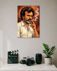 Rajinikanth Smoking Illustration Poster poster design: This stylised illustration captures Rajinikanth with his signature intense expression and a cigarette in hand. Rich orange and brown tones create a dramatic, vintage-inspired look. A standout wall piece for fans of Tamil cinema and Superstar Rajinikanth.