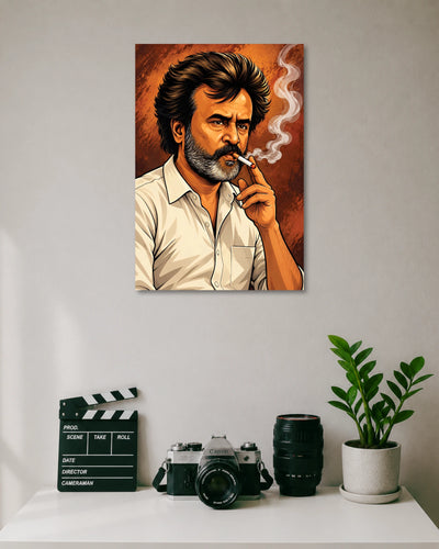 Rajinikanth Smoking Illustration Poster poster design: This stylised illustration captures Rajinikanth with his signature intense expression and a cigarette in hand. Rich orange and brown tones create a dramatic, vintage-inspired look. A standout wall piece for fans of Tamil cinema and Superstar Rajinikanth.