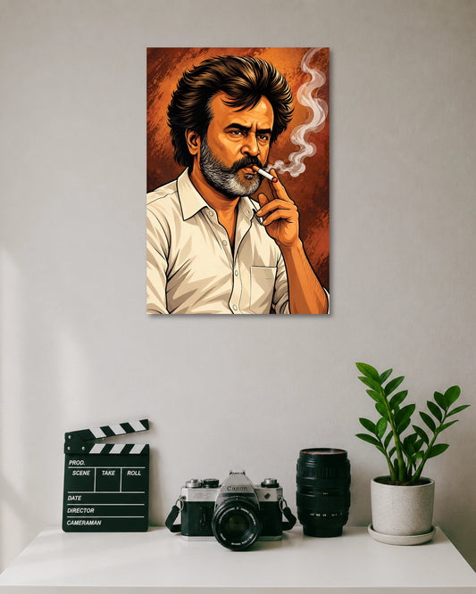 Rajinikanth Smoking Illustration Poster poster design: This stylised illustration captures Rajinikanth with his signature intense expression and a cigarette in hand. Rich orange and brown tones create a dramatic, vintage-inspired look. A standout wall piece for fans of Tamil cinema and Superstar Rajinikanth.