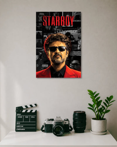 Rajinikanth Starboy Movie Fan Art Poster poster design: A striking illustrated portrait of Rajinikanth wearing a red suit and sunglasses, set against a monochrome collage with bold red STARBOY typography. A standout piece for fans of the superstar.