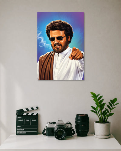 Rajinikanth Padayappa Poster poster design: A stylised illustration of Rajinikanth wearing sunglasses and a white outfit, holding a cigar and pointing forward. A bold tribute to the iconic Tamil superstar.