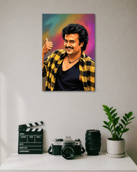 Rajinikanth Thumbs Up Pop Culture Poster poster design: Rajinikanth smiles and gives a thumbs-up in this vibrant illustrated portrait. His signature hairstyle and moustache stand out against a textured multicolour background, while the yellow and black checked shirt adds contrast to this tribute to Tamil cinema.
