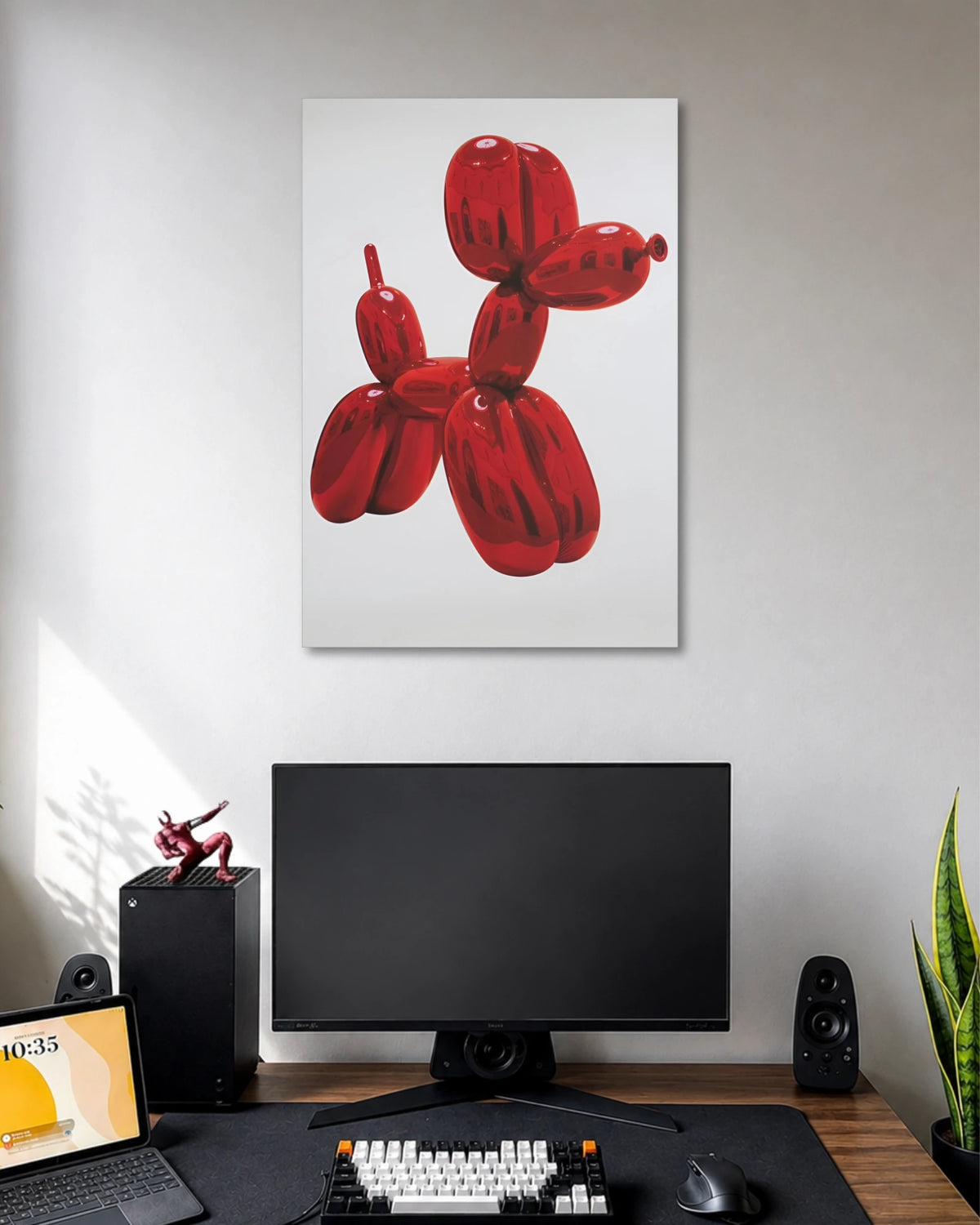 Red Balloon Dog Minimalist Art Poster poster design: A glossy red balloon dog sculpture stands against a clean white background, highlighting its smooth curves and reflective surface. Inspired by contemporary balloon art, this minimalist design adds a playful yet sophisticated touch to modern rooms, creative studios, and workspaces.