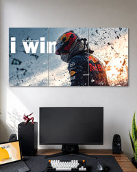 Three-panel Red Bull racing poster featuring a helmeted driver, large white I Win typography and shattered-glass effects against blue and orange lighting.