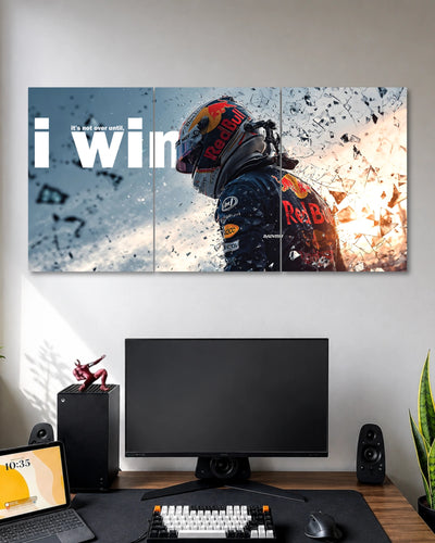 Three-panel Red Bull racing poster featuring a helmeted driver, large white I Win typography and shattered-glass effects against blue and orange lighting.
