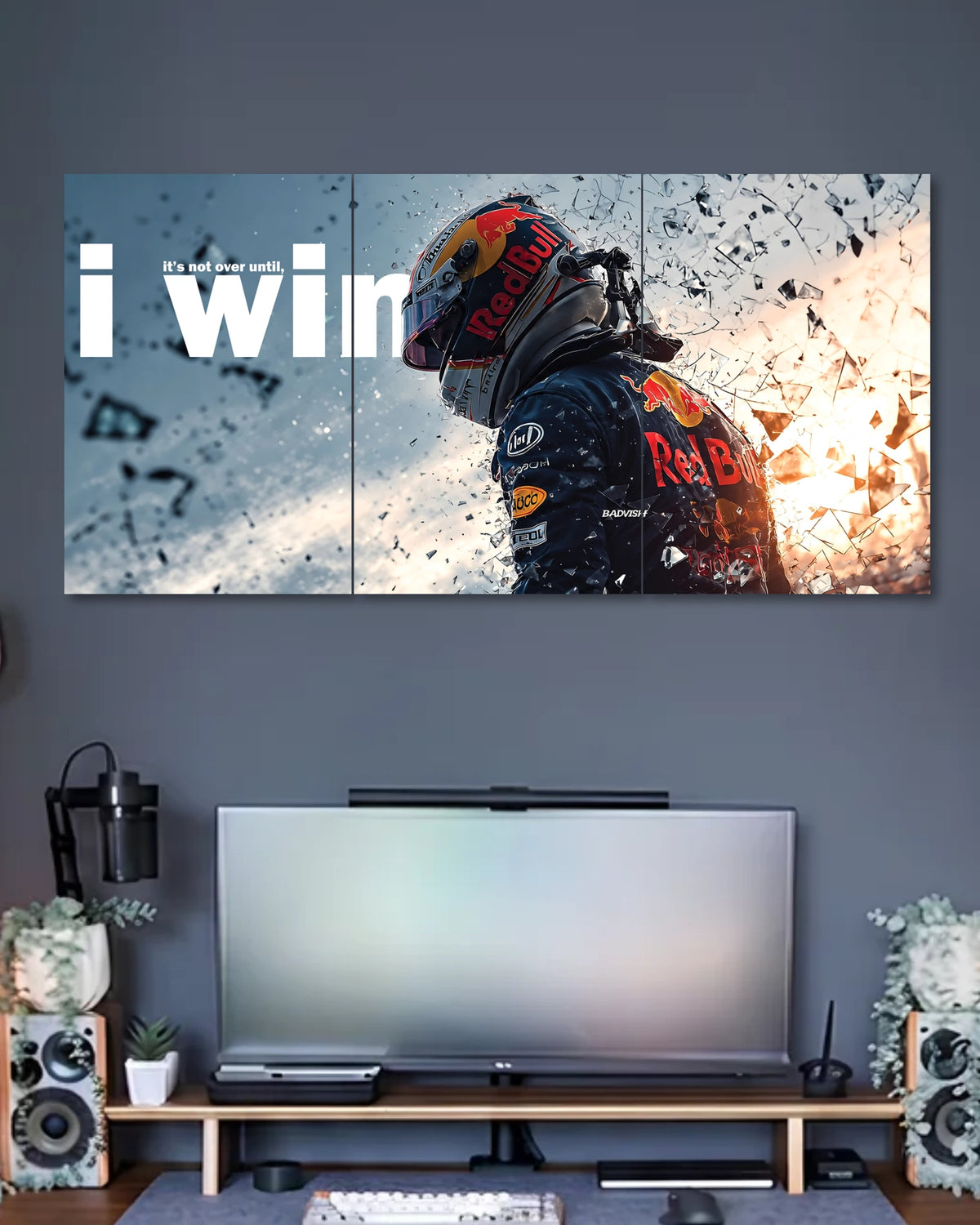 Three-panel Red Bull racing poster featuring a helmeted driver, large white I Win typography and shattered-glass effects against blue and orange lighting.