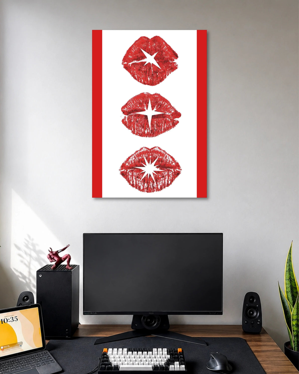 Red Lips Minimalist Pop Art Poster poster design: Three textured red lipstick prints, each featuring a contrasting white starburst, stand out against a clean white background with red side borders. A simple, striking pop art design.