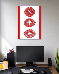 Red Lips Minimalist Pop Art Poster poster design: Three textured red lipstick prints, each featuring a contrasting white starburst, stand out against a clean white background with red side borders. A simple, striking pop art design.