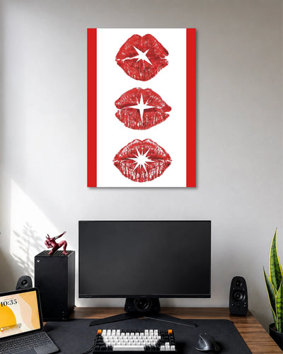 Red Lips Minimalist Pop Art Poster poster design: Three textured red lipstick prints, each featuring a contrasting white starburst, stand out against a clean white background with red side borders. A simple, striking pop art design.