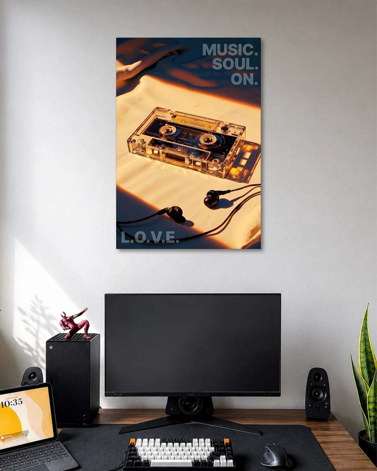 Retro Cassette Music Soul Aesthetic Poster poster design: A nostalgic music poster featuring a transparent cassette tape and wired earphones in warm golden sunlight. With the phrase "Music. Soul. On." and a retro inspired aesthetic, this design is perfect for music lovers and vintage enthusiasts.