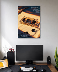Retro Cassette Music Soul Aesthetic Poster poster design: A nostalgic music poster featuring a transparent cassette tape and wired earphones in warm golden sunlight. With the phrase "Music. Soul. On." and a retro inspired aesthetic, this design is perfect for music lovers and vintage enthusiasts.