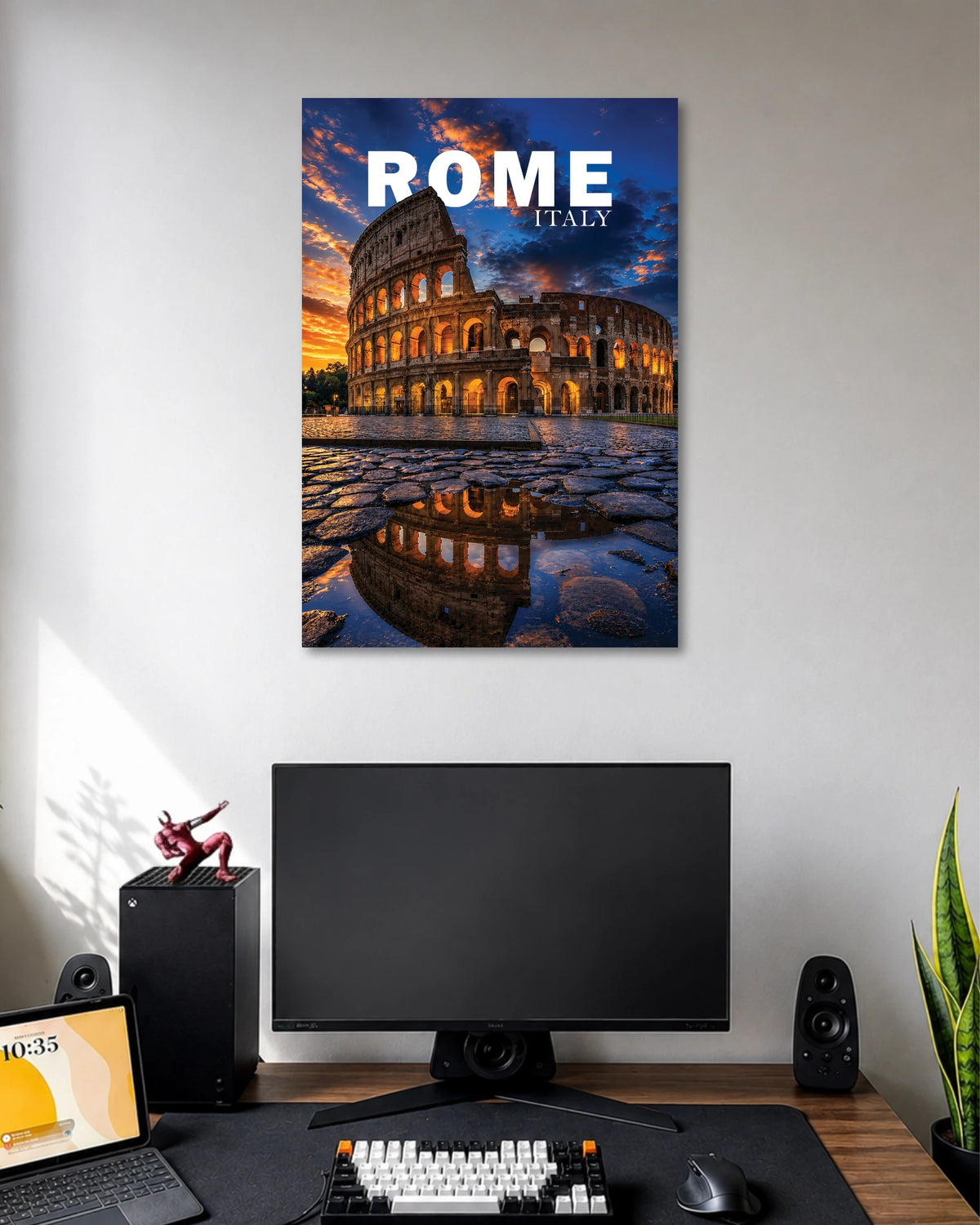 Rome Colosseum Sunset Travel Poster poster design: The Colosseum glows beneath a dramatic sunset sky, with warm golden lights reflected across wet cobblestones. This Rome travel poster captures the timeless beauty of Italy’s iconic landmark in a rich, atmospheric setting.