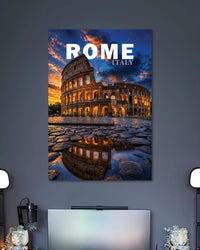 Rome Colosseum Sunset Travel Poster poster design: The Colosseum glows beneath a dramatic sunset sky, with warm golden lights reflected across wet cobblestones. This Rome travel poster captures the timeless beauty of Italy’s iconic landmark in a rich, atmospheric setting.