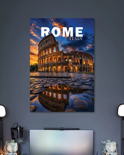 Rome Colosseum Sunset Travel Poster poster design: The Colosseum glows beneath a dramatic sunset sky, with warm golden lights reflected across wet cobblestones. This Rome travel poster captures the timeless beauty of Italy’s iconic landmark in a rich, atmospheric setting.